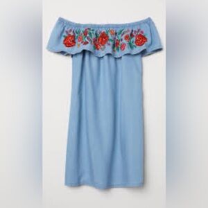 Denim Off-Shoulder Dress with Floral Embroidery